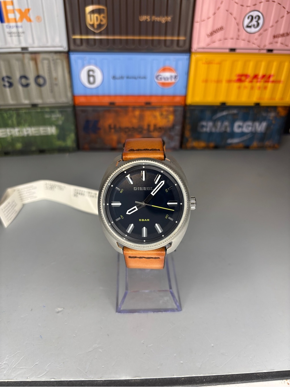 Diesel Black Dial Watch with Tan Leather Strap 43mm